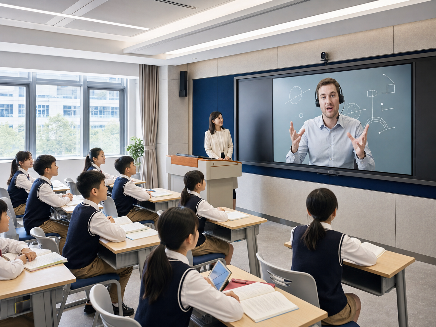 Students in a modern classroom attending a live international lesson on a large screen